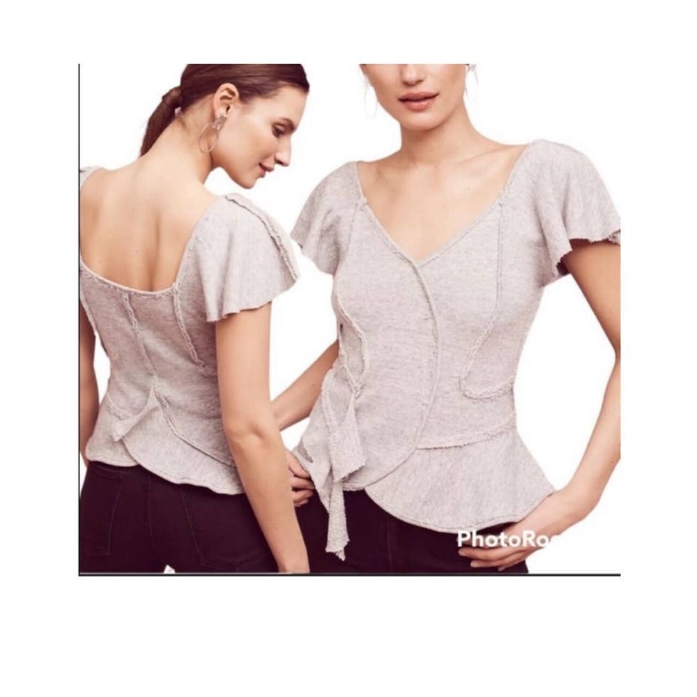 Anthropologie Deletta Terry Ruffle Peplum Top Grey Flutter Sleeve